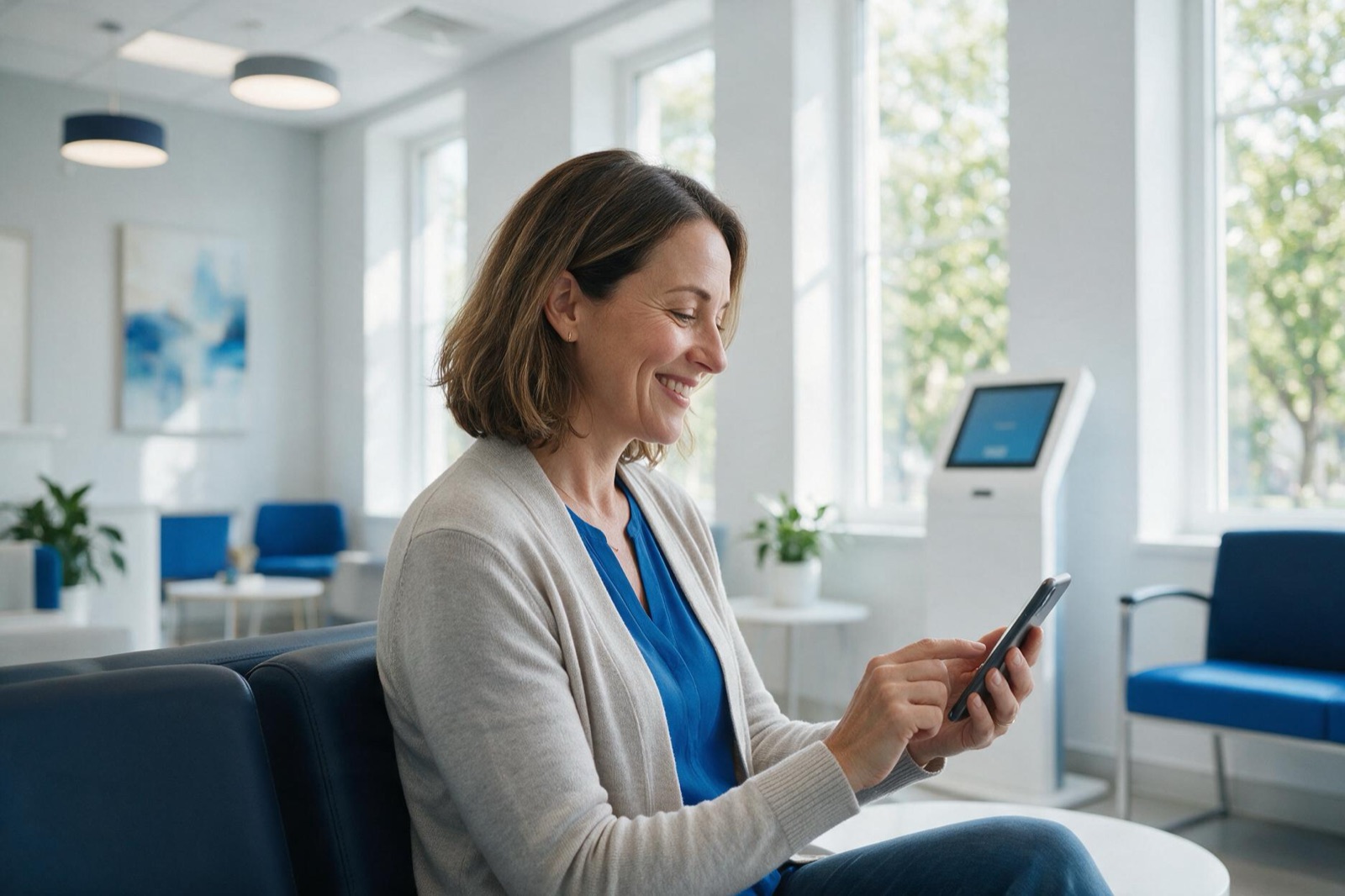 Patientin bucht im hellen Wartezimmer einer Arztpraxis lächelnd einen Termin über ihr Smartphone